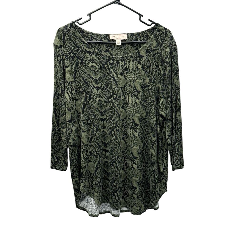 Philosophy Women size 1X Green Black Snake Print Tunic Top Stretch Long Sleeves
